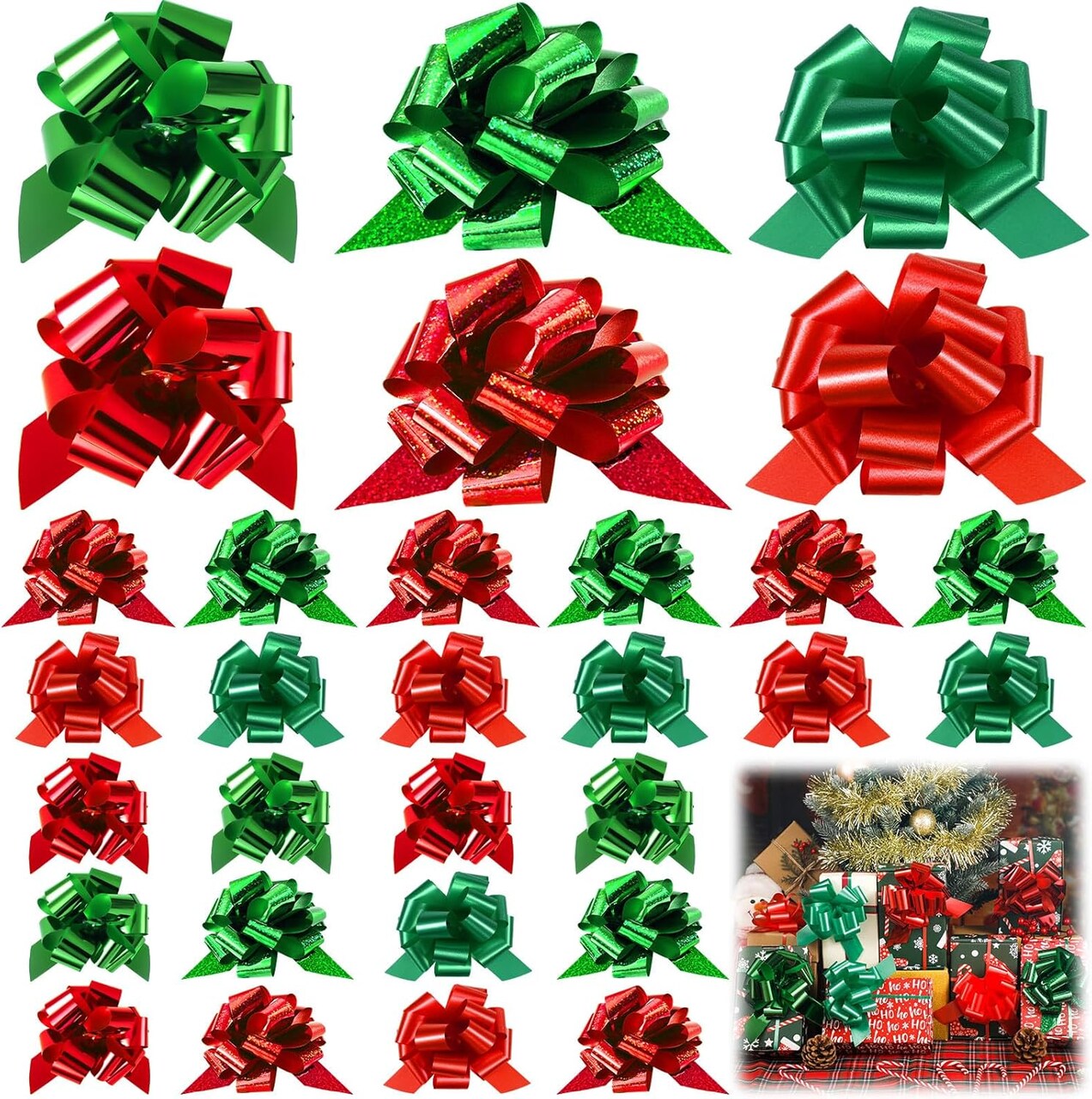 100 Pieces Christmas Wrap Pull Bows 5 Inch Gift Bows with Ribbon Wrapping Accessory Present Christmas Wrapping Bows for Holiday Baskets Box Decoration (Red, Green)